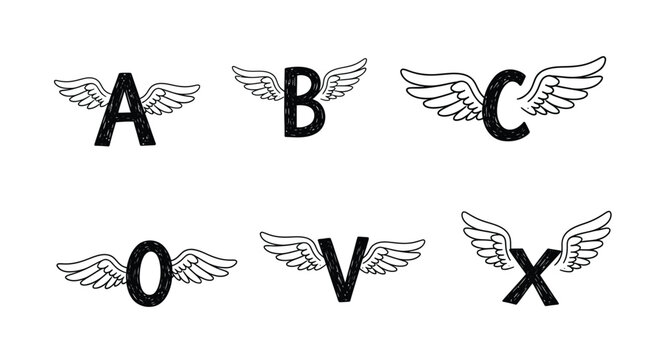 Letters with wings a b c o v and x in black and white