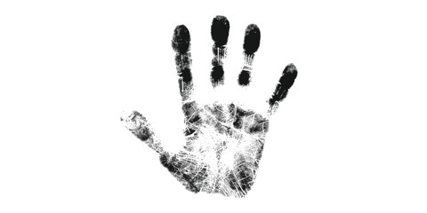 Detailed black handprint with unique fingerprint details on a white canvas isolated on white background