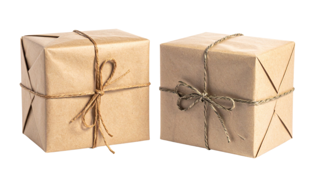 Kraft paper gift and delivery box collection isolated on transparent background
