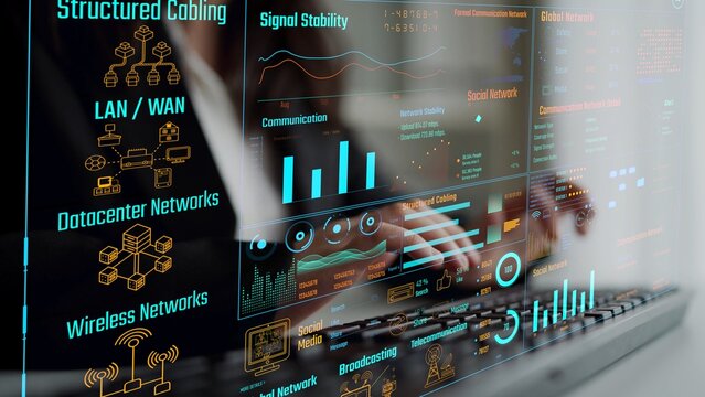 Data center monitoring dashboard visualize network performance, connection status, usage rate, and telecommunication insight. Data center monitoring efficiency improvement network transparency. Thunk
