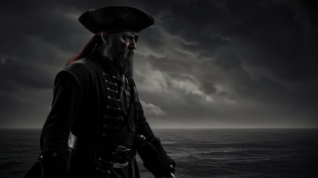 Man with pirate hook facing stormy sea. Scary captain standing on a ship against dark clouds and lightning, adventure footage.