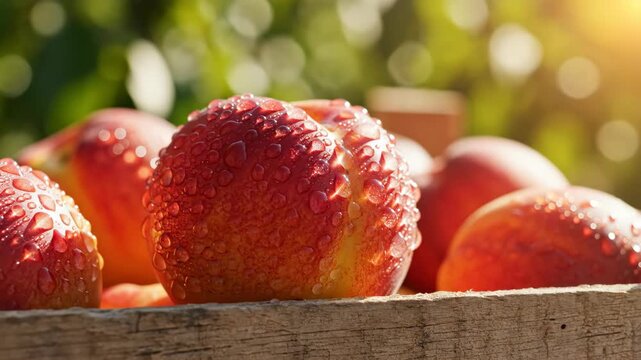 Fresh nectarine fruit with water drop in rustic wood box on summer day, healthy food concept footage