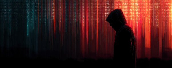 Silhouette of figure in hoodie against backdrop of binary code, evoking sense of mystery and intrigue