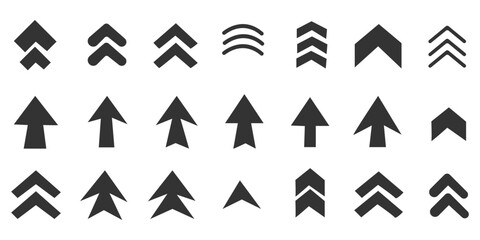 Set swipe up arrows icons. Different black arrows sign upwards. Scroll or swipe up. Graphic vector elements for web, applications, infographic, social 