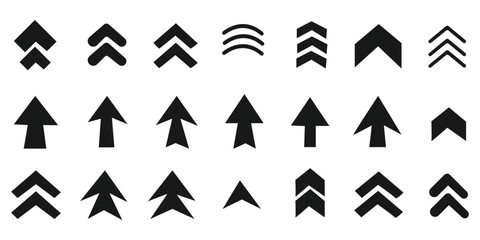 Set swipe up arrows icons. Different black arrows sign upwards. Scroll or swipe up. Graphic vector elements for web, applications, infographic, social 