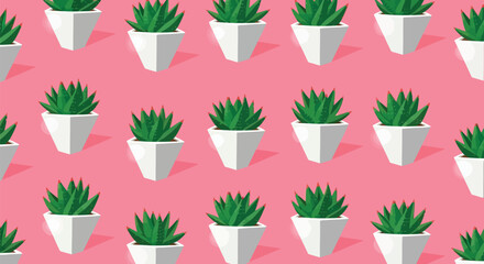 Seamless pattern of potted succulent plants on a pink background