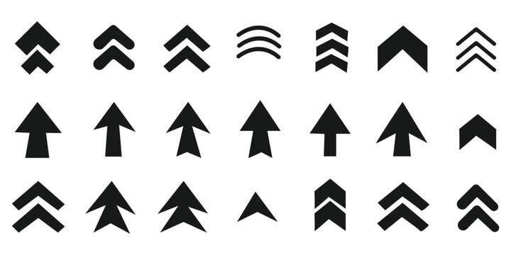 Set swipe up arrows icons. Different black arrows sign upwards. Scroll or swipe up. Graphic vector elements for web, applications, infographic, social 