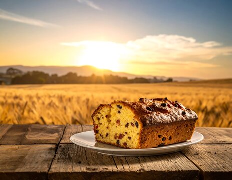 Sliced fruitcake on a white plate atop a rustic wooden table, with a golden wheat field and sunset in the blurred background