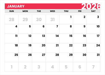 New Year 2026 Planner. Single Month Calendar for January. Simple Layout. January 2026 Modern Calendar Template. Vector January 2026 Calendar. Sunday Start Format. Clean Typography.