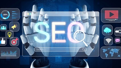 SEO concept for improving SEO visibility, with SEO related digital tools and SEO performance icons...