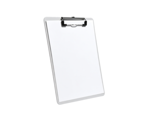 Clipboard with blank white paper, angled on dark background
