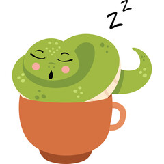 Cute Green Snake Sleeping Curled Up Inside A Cozy Orange Coffee Mug On Transparent Background Simple Flat Design