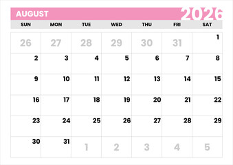 New Year 2026 Planner. Single Month Calendar for August. Simple Layout. August 2026 Modern Calendar Template. Vector August 2026 Calendar. Sunday Start Format. Clean Typography.