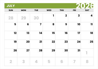 New Year 2026 Planner. Single Month Calendar for July. Simple Layout. July 2026 Modern Calendar Template. Vector July 2026 Calendar. Sunday Start Format. Clean Typography.