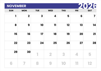 New Year 2026 Planner. Single Month Calendar for November. Simple Layout. November 2026 Modern Calendar Template. Vector November 2026 Calendar. Sunday Start Format. Clean Typography.