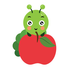 Cute Green Cartoon Caterpillar Character Resting On A Large Red Apple With A Transparent Background