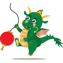 Cute Green Baby Dragon With Yellow Horns And Red Hat Holding A Red Lantern In A Playful Pose