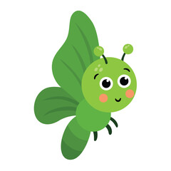 Cute Green Butterfly Illustration with Big Round Eyes and Pink Cheeks on a Transparent Background