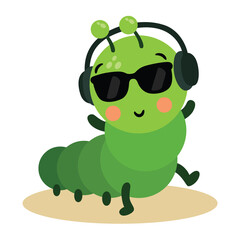 Cute green cartoon caterpillar character wearing sunglasses and headphones dancing joyfully on a tan surface with a transparent background in a fun and playful style