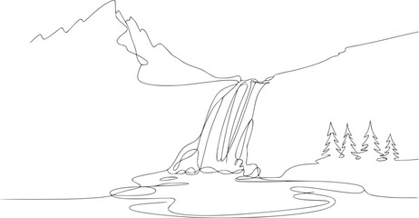 Fototapeta premium Majestic mountain waterfall with pine trees and serene water vector