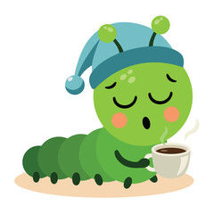 Cute Green Caterpillar Character Wearing Blue Sleep Cap Yawning With Eyes Closed Holding White Cup Of Coffee Steam Rising In A Kawaii Style Isolated On Transparent Background