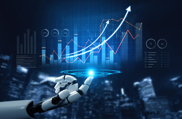 A futuristic robot hand presents dynamic digital data, showcasing rising graphs and statistics. The image symbolizes innovation and growth in technology and business. Scalp