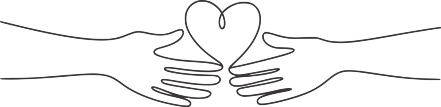 Minimalist line art of two hands forming a heart shape love connection