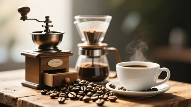 Steaming hot coffee with grinder and pour over set on rustic wooden table under soft morning light