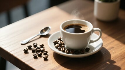 Fototapeta premium Steaming cup of black coffee with roasted beans scattered on wooden table under soft morning light