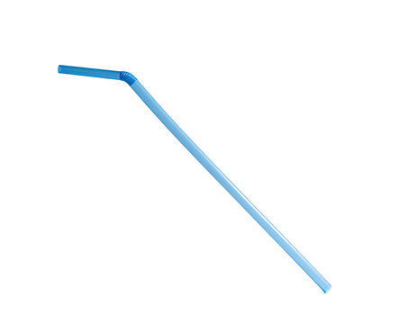 Blue plastic bent drinking straw on a black background