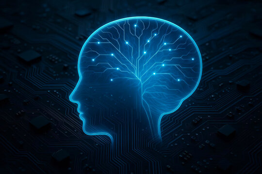 AI Brain Circuit Concept – Digital brain over dark circuit board background
