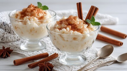 Creamy rice pudding served in glass dishes with cinnamon dusting, garnished with mint and cinnamon sticks, highangle shot on white wooden surface with copy space