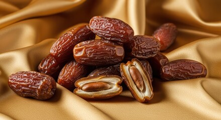 Obraz premium Elegant dates still life arrangement on shimmering golden fabric background capturing natural