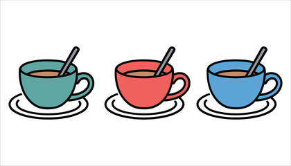 Three colorful coffee cups with spoons on saucers in a row on white background vector