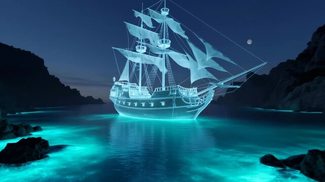 Glowing ghost pirate ship animation by moonlight with bioluminescent water at night, fantasy sea adventure footage