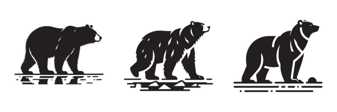 Three stylized bear illustrations in a row black and white design.