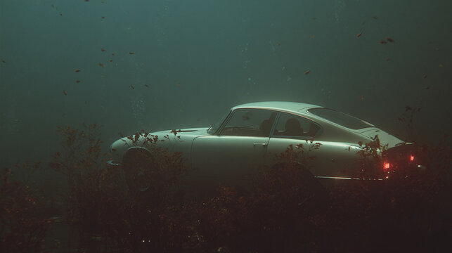 Fototapeta Cinematic underwater Scene with vintage car was sinked down and stay at a bottom of the river