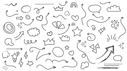 Hand Sketch Doodle Arrows, Stars, and Hearts — Marker Pen Drawing Set