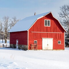 Red Barn in Winter Landscape with Snow-Covered Roof and Fields.