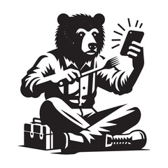 Bear with a fork and phone sitting on a lunchbox.