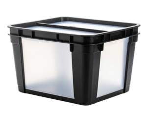 Clear plastic bin with black rim and lid, storage solution