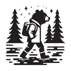 Bear Hiker Silhouette in Forest: Adventure and Nature.