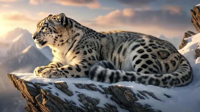 A snow leopard rests on a snowy rocky outcrop in