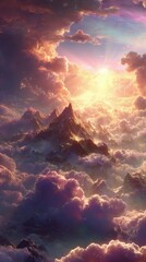 Stunning Mountain Peaks Above Colorful Clouds At Sunrise