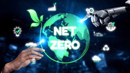 Net zero and sustainability concepts with environmental balance, digital sustainability icons, green energy goals, and eco-conscious digital business transformation for the future. Muxer