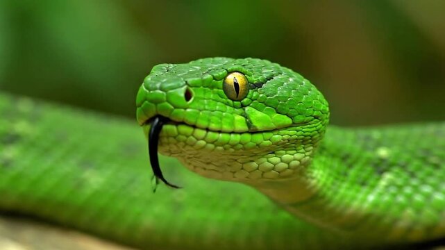 Close up Portrait of a Vivid Green Pit Viper with Yellow Eyes and Protruding Tongue against Soft Natural Background a Perfect Macro Shot for Wildlife Education and Conservation Projects