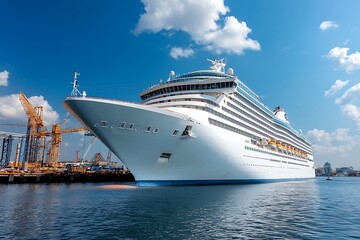 Majestic Cruise Ship Docked in Port Under Bright Blue Sky with Fluffy White Clouds
