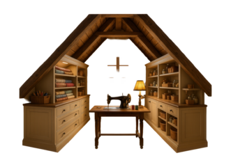 Attic with custom storage and a sewing area, perfect for crafting in a vintage home.