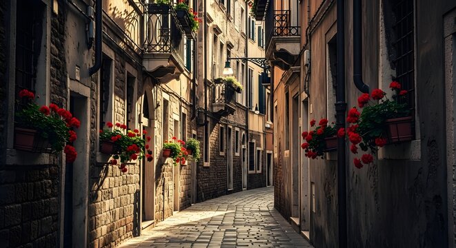 Old European Alley with Stone Buildings