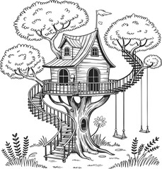 Whimsical Treehouse Adventure with Spiral Staircase and Swings for Imaginative Play and Outdoor Fun and Relaxation,  Coloring page 